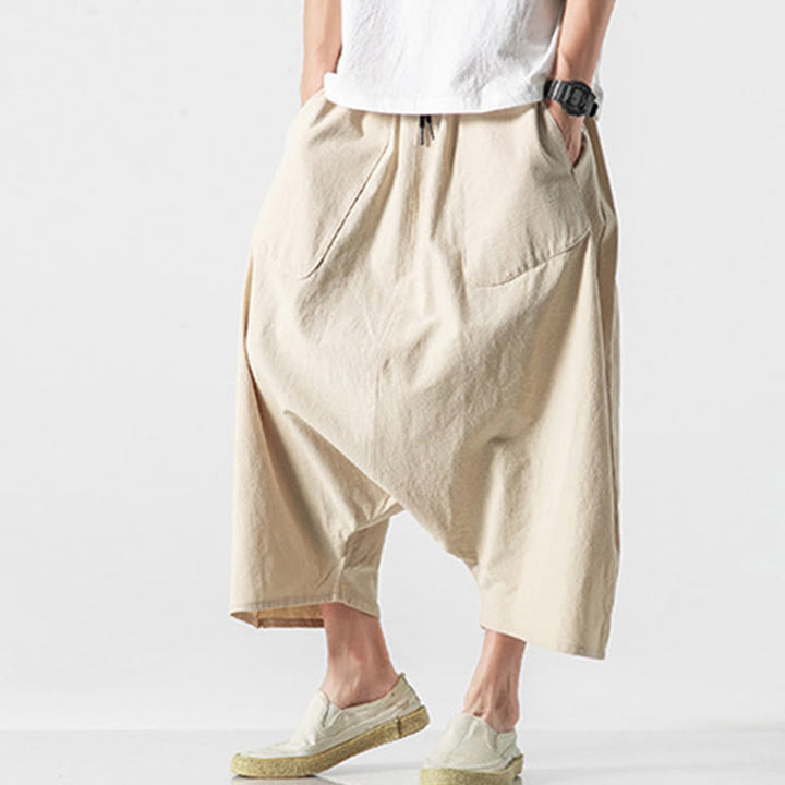 Buddha Stones Casual Low Crotch Design Drawstring Men's 7-8 Length Wide Leg Pants With Pockets - image 37