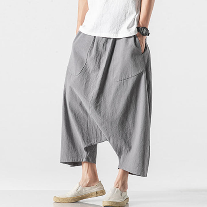 Buddha Stones Casual Low Crotch Design Drawstring Men's 7-8 Length Wide Leg Pants With Pockets - image 20