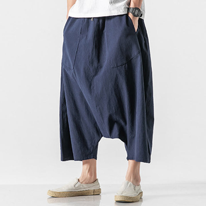 Buddha Stones Casual Low Crotch Design Drawstring Men's 7-8 Length Cotton Linen Wide Leg Pants With Pockets - image 3
