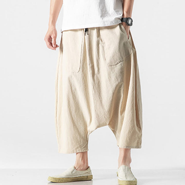 Buddha Stones Casual Low Crotch Design Drawstring Men's 7-8 Length Wide Leg Pants With Pockets - image 38