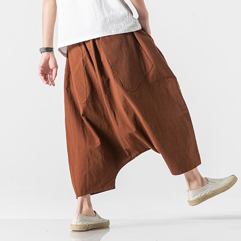 Buddha Stones Casual Low Crotch Design Drawstring Men's 7-8 Length Wide Leg Pants With Pockets - image 16