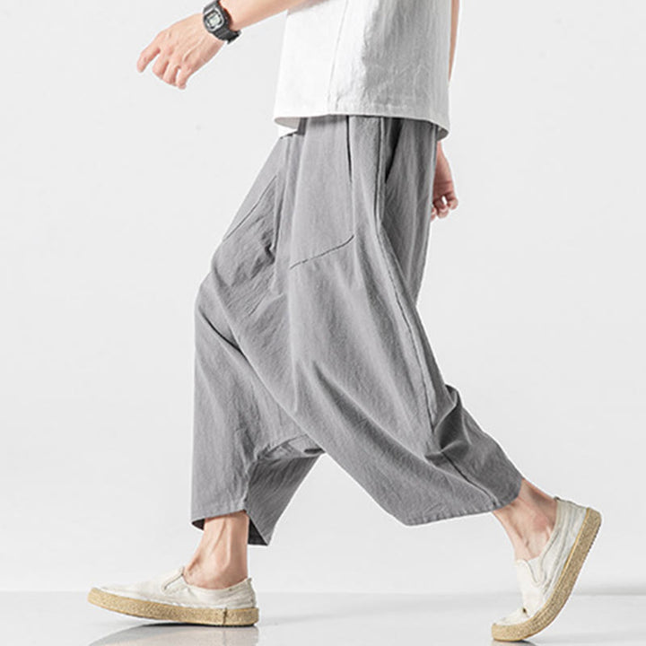 Buddha Stones Casual Low Crotch Design Drawstring Men's 7-8 Length Cotton Linen Wide Leg Pants With Pockets - image 23