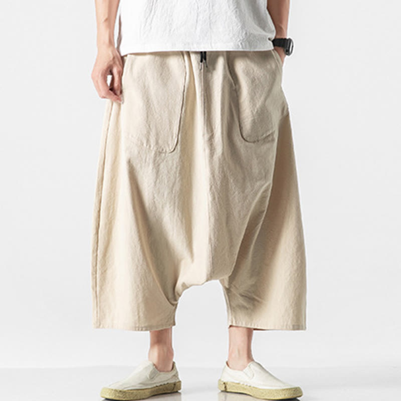 Buddha Stones Casual Low Crotch Design Drawstring Men's 7-8 Length Wide Leg Pants With Pockets - Beige - US/UK/AU46，EU56 (5XL) - image 36