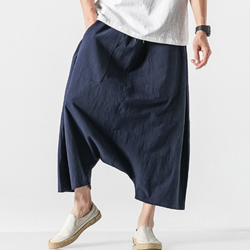 Buddha Stones Casual Low Crotch Design Drawstring Men's 7-8 Length Wide Leg Pants With Pockets - image 7