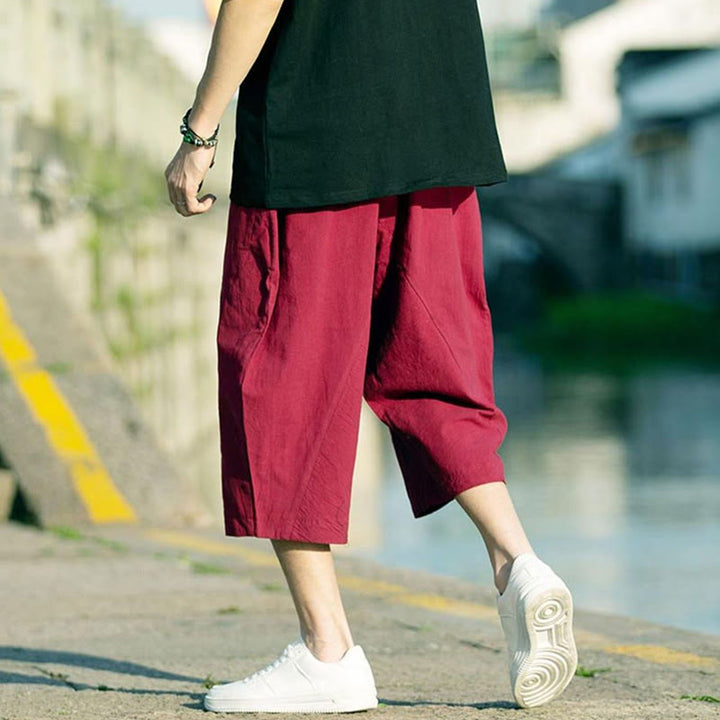 Buddha Stones Summer Plain Pleat Design Drawstring Men's 7-8 Length Cotton Linen Pants With Pockets - image 19