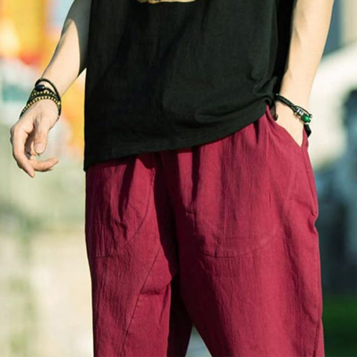 Buddha Stones Summer Plain Pleat Design Drawstring Men's 7-8 Length Cotton Linen Pants With Pockets - image 23