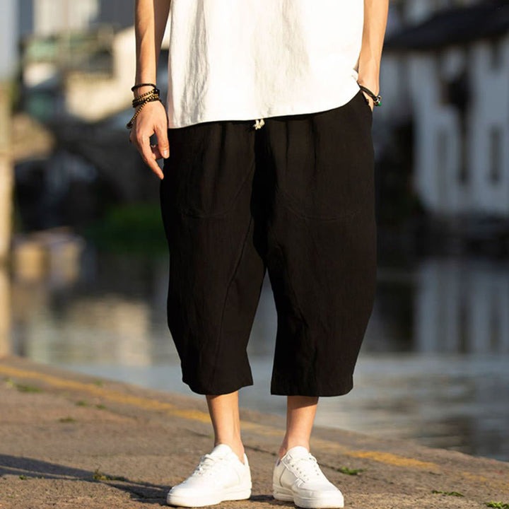 Buddha Stones Summer Plain Pleat Design Drawstring Men's 7-8 Length Pants With Pockets - image 4