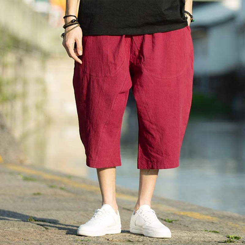 Buddha Stones Summer Plain Pleat Design Drawstring Men's 7-8 Length Cotton Linen Pants With Pockets - image 22