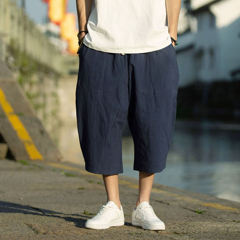 Buddha Stones Summer Plain Pleat Design Drawstring Men's 7-8 Length Cotton Linen Pants With Pockets - image 12