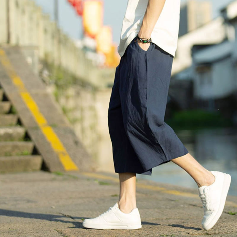 Buddha Stones Summer Plain Pleat Design Drawstring Men's 7-8 Length Cotton Linen Pants With Pockets - image 14