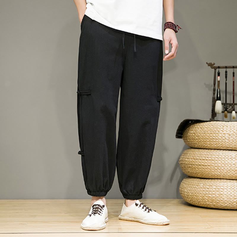 Buddha Stones Summer Vintage Drawstring Chinese Frog-Button Design Men's Cotton Linen Harem Pants With Pockets