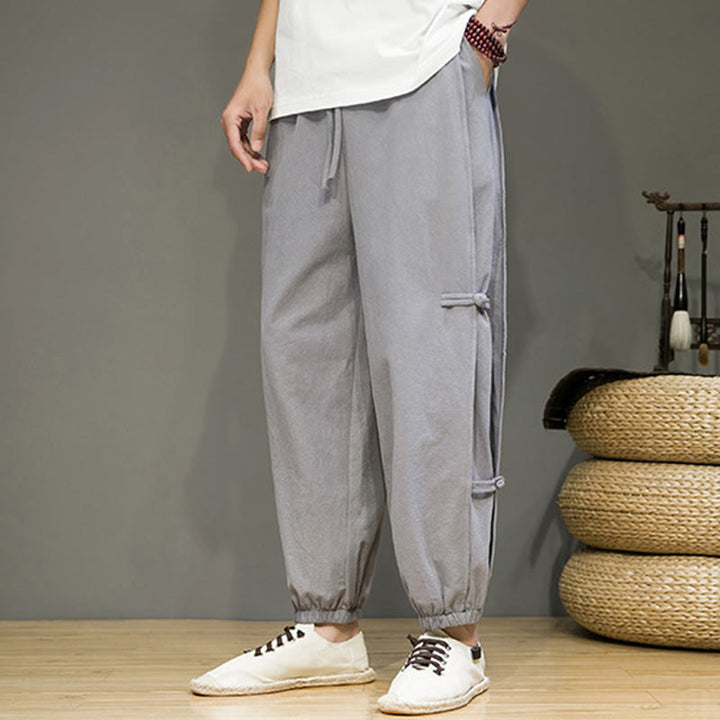 Buddha Stones Summer Vintage Drawstring Chinese Frog-Button Design Men's Cotton Linen Harem Pants With Pockets