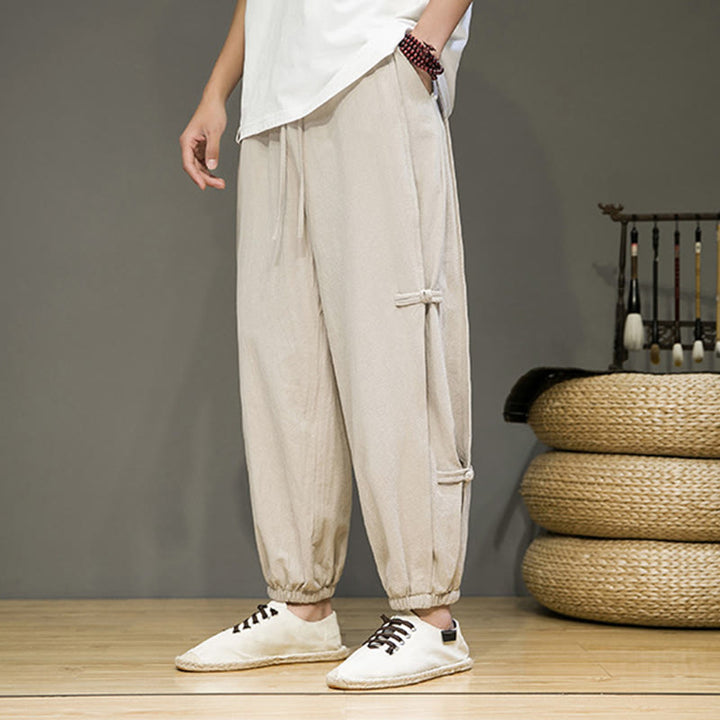 Buddha Stones Summer Vintage Drawstring Chinese Frog-Button Design Men's Cotton Linen Harem Pants With Pockets - Beige - US/UK/AU46，EU56 (5XL) - image 0