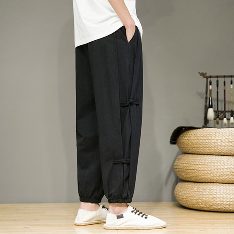 Buddha Stones Summer Vintage Drawstring Chinese Frog-Button Design Men's Cotton Linen Harem Pants With Pockets