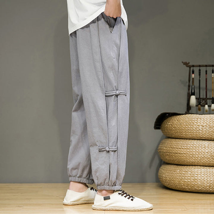 Buddha Stones Summer Vintage Drawstring Chinese Frog-Button Design Men's Cotton Linen Harem Pants With Pockets