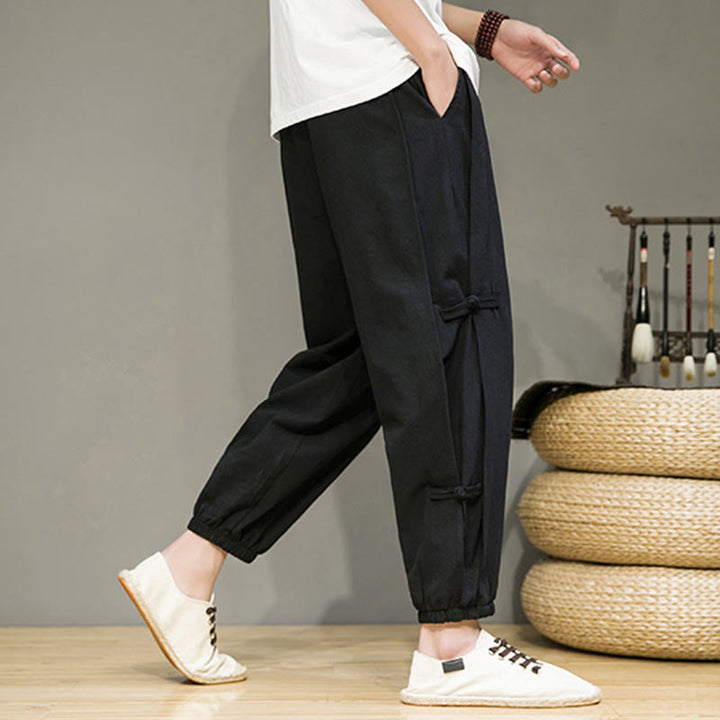 Buddha Stones Summer Vintage Drawstring Chinese Frog-Button Design Men's Cotton Linen Harem Pants With Pockets