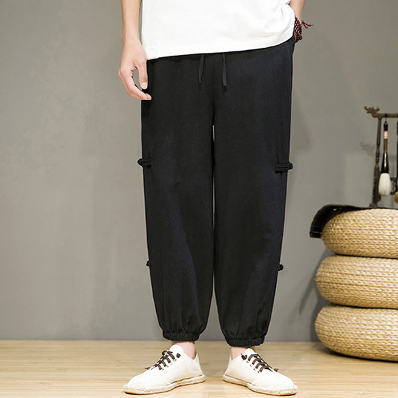 Buddha Stones Summer Vintage Drawstring Chinese Frog-Button Design Men's Cotton Linen Harem Pants With Pockets