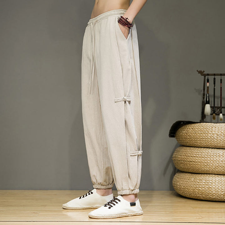Buddha Stones Summer Vintage Drawstring Chinese Frog-Button Design Men's Cotton Linen Harem Pants With Pockets