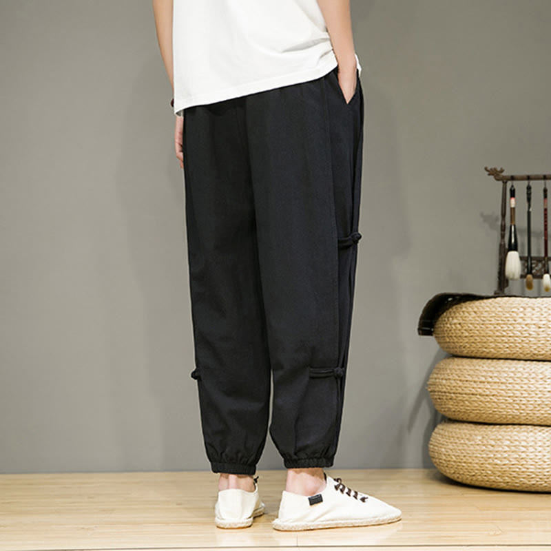 Buddha Stones Summer Vintage Drawstring Chinese Frog-Button Design Men's Cotton Linen Harem Pants With Pockets