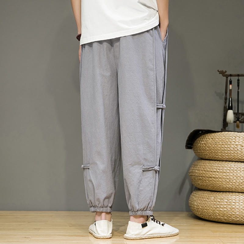 Buddha Stones Summer Vintage Drawstring Chinese Frog-Button Design Men's Cotton Linen Harem Pants With Pockets