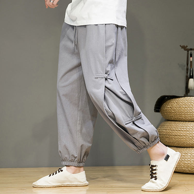 Buddha Stones Summer Vintage Drawstring Chinese Frog-Button Design Men's Cotton Linen Harem Pants With Pockets