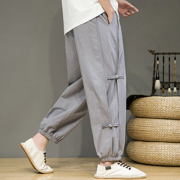Buddha Stones Summer Vintage Drawstring Chinese Frog-Button Design Men's Cotton Linen Harem Pants With Pockets