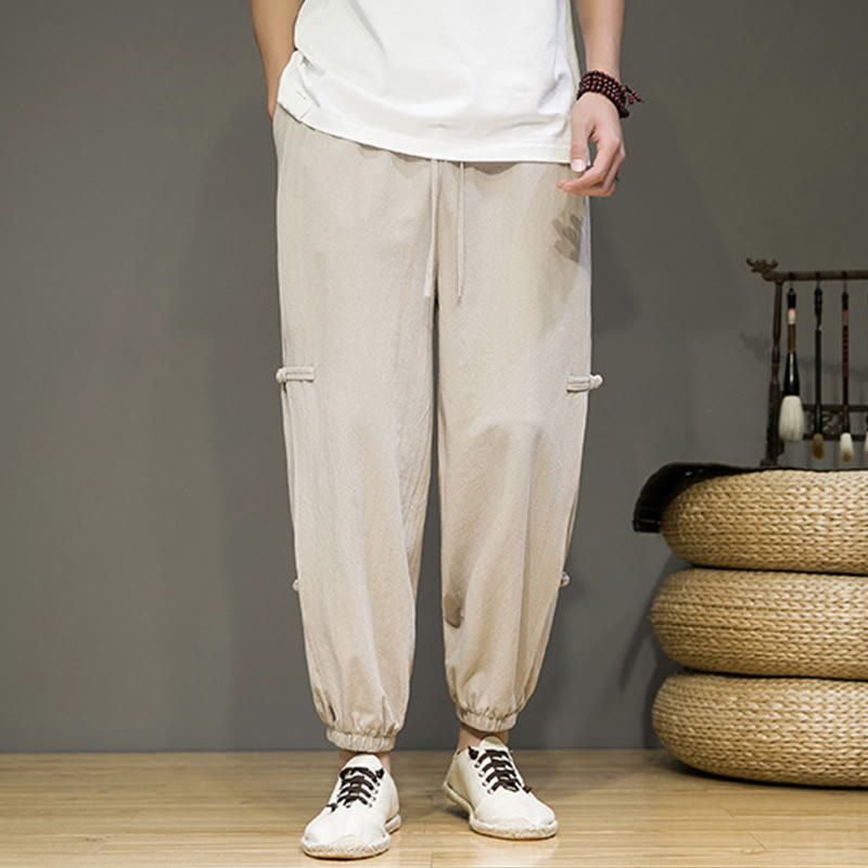 Buddha Stones Summer Vintage Drawstring Chinese Frog-Button Design Men's Cotton Linen Harem Pants With Pockets