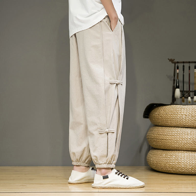 Buddha Stones Summer Vintage Drawstring Chinese Frog-Button Design Men's Cotton Linen Harem Pants With Pockets