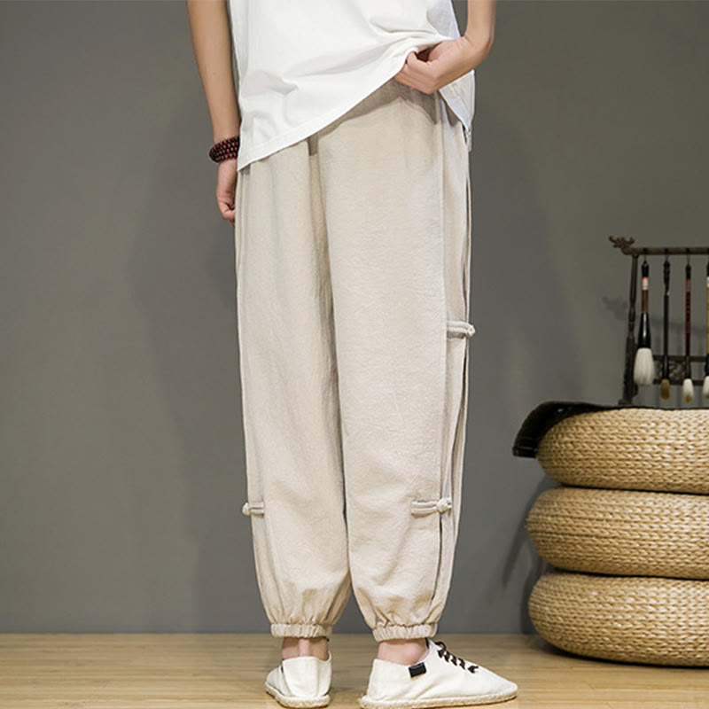 Buddha Stones Summer Vintage Drawstring Chinese Frog-Button Design Men's Cotton Linen Harem Pants With Pockets