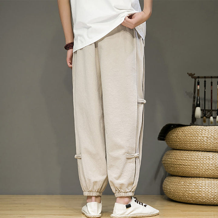 Buddha Stones Summer Vintage Drawstring Chinese Frog-Button Design Men's Cotton Linen Harem Pants With Pockets