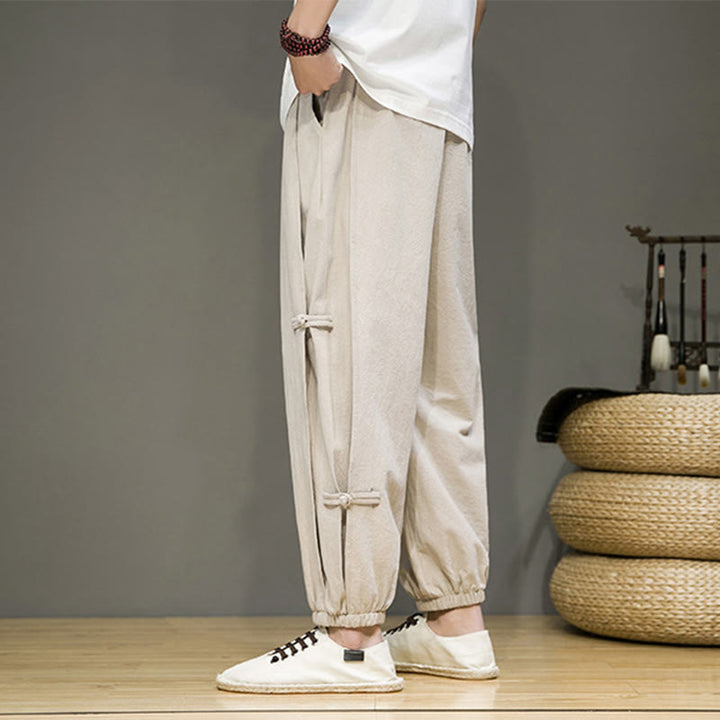 Buddha Stones Summer Vintage Drawstring Chinese Frog-Button Design Men's Cotton Linen Harem Pants With Pockets