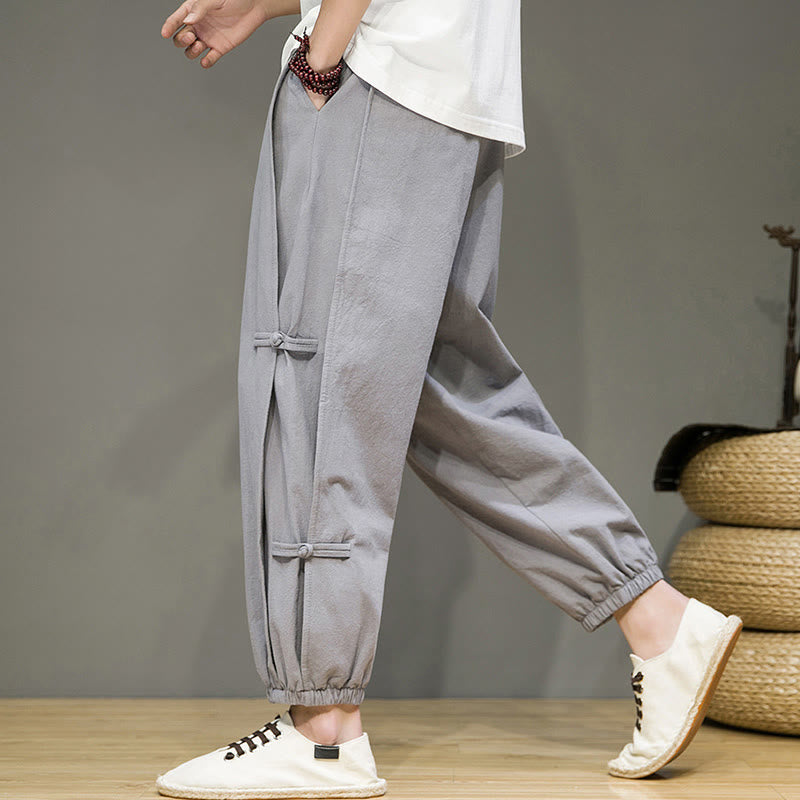 Buddha Stones Summer Vintage Drawstring Chinese Frog-Button Design Men's Cotton Linen Harem Pants With Pockets