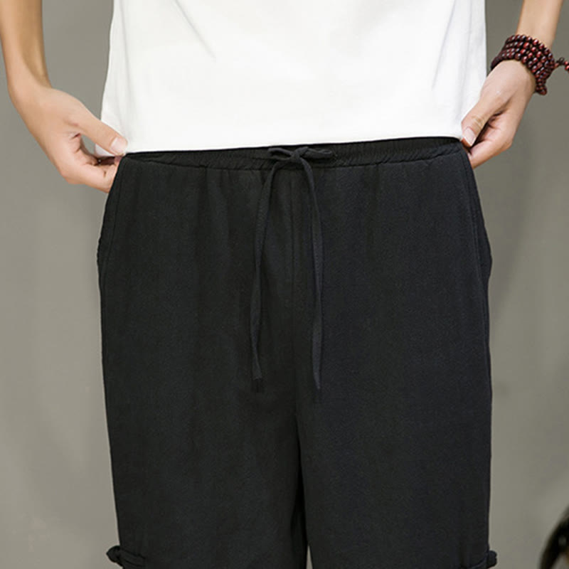 Buddha Stones Summer Vintage Drawstring Chinese Frog-Button Design Men's Cotton Linen Harem Pants With Pockets