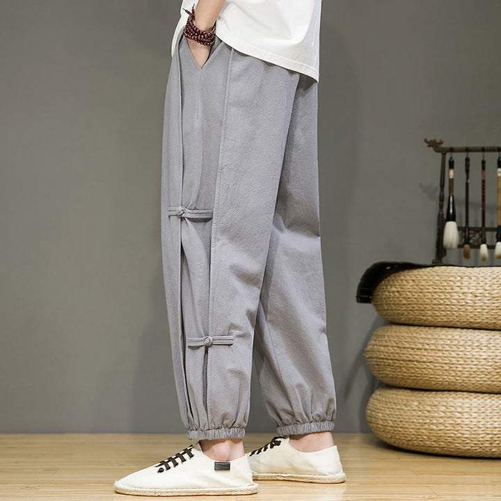 Buddha Stones Summer Vintage Drawstring Chinese Frog-Button Design Men's Cotton Linen Harem Pants With Pockets