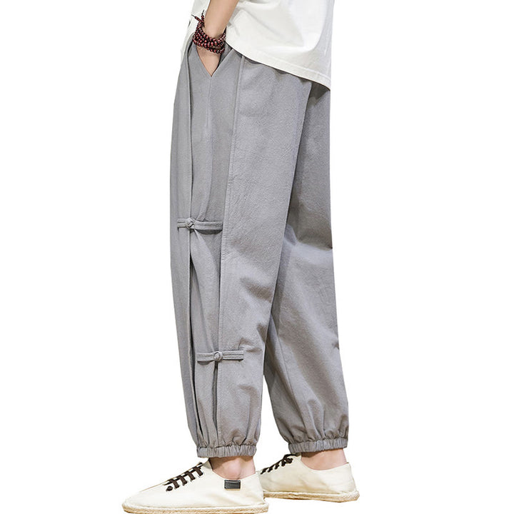 Buddha Stones Summer Vintage Drawstring Chinese Frog-Button Design Men's Cotton Linen Harem Pants With Pockets
