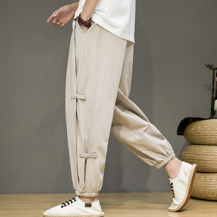 Buddha Stones Summer Vintage Drawstring Chinese Frog-Button Design Men's Cotton Linen Harem Pants With Pockets