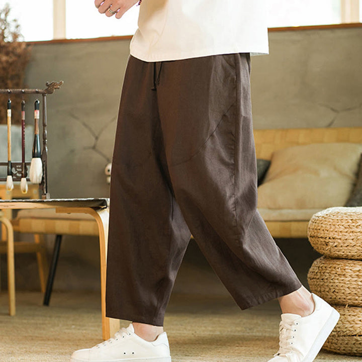 Buddha Stones Casual Retro Solid Color Simple Design Drawstring Men's Linen Elastic Waistband Harem Pants With Pockets