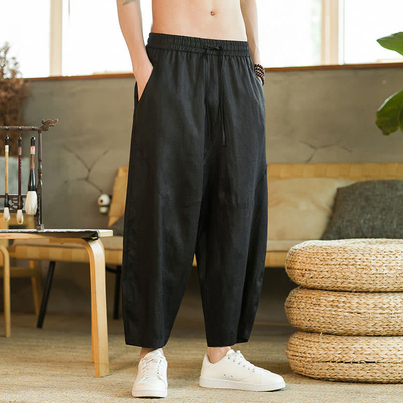 Buddha Stones Casual Retro Solid Color Simple Design Drawstring Men's Linen Elastic Waistband Harem Pants With Pockets