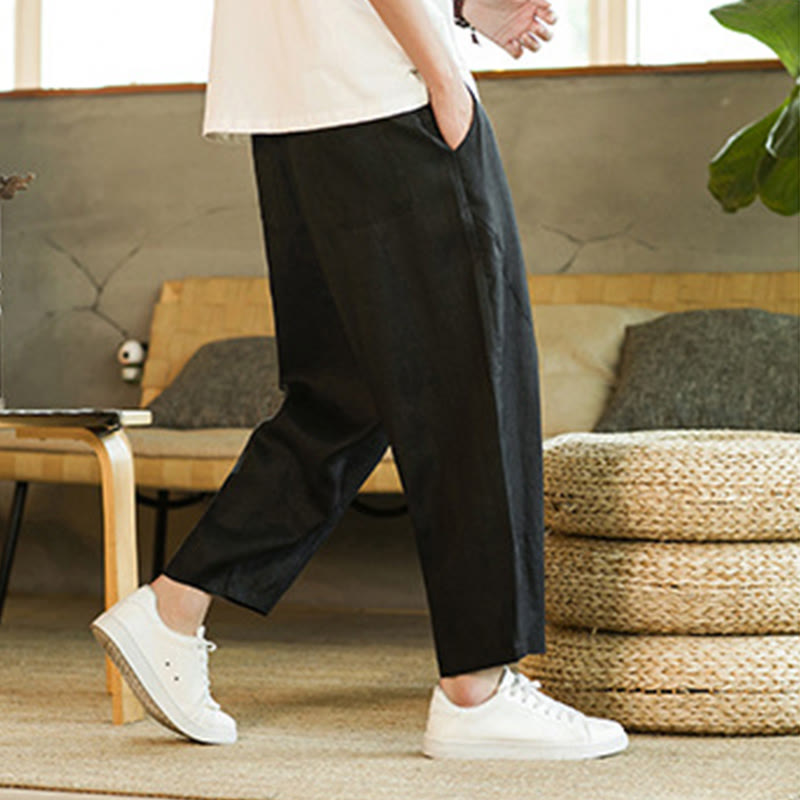 Buddha Stones Casual Retro Solid Color Simple Design Drawstring Men's Linen Elastic Waistband Harem Pants With Pockets