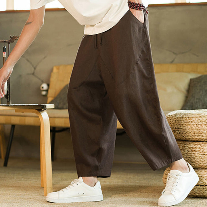 Buddha Stones Casual Retro Solid Color Simple Design Drawstring Men's Linen Elastic Waistband Harem Pants With Pockets