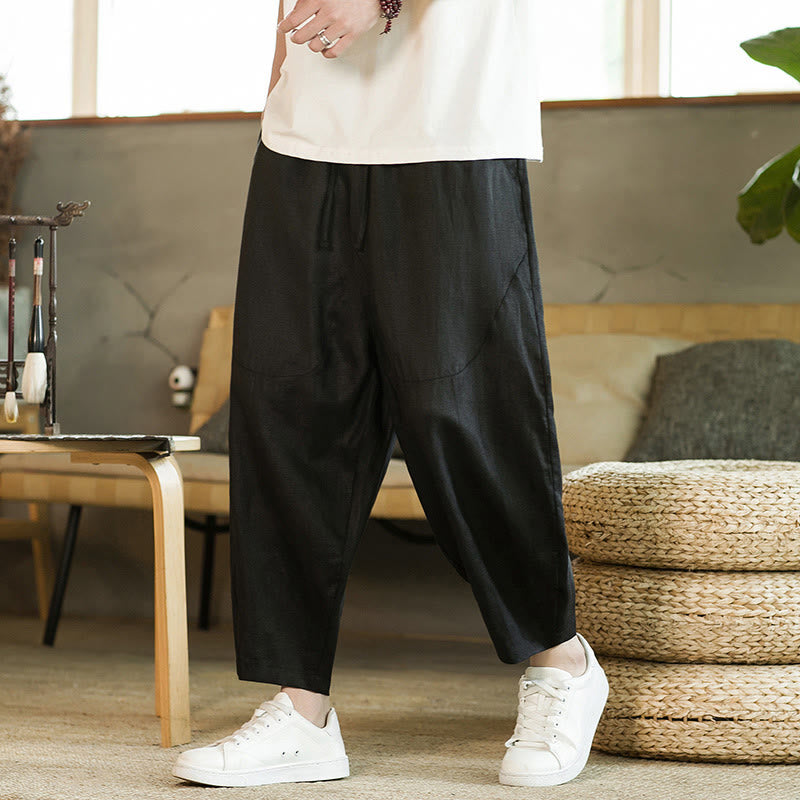 Buddha Stones Casual Retro Solid Color Simple Design Drawstring Men's Linen Elastic Waistband Harem Pants With Pockets