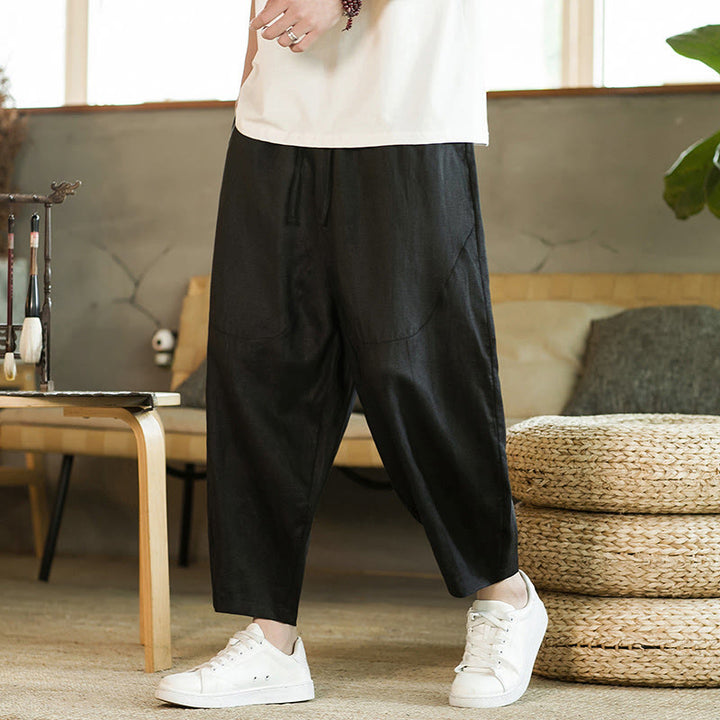 Buddha Stones Casual Retro Solid Color Simple Design Drawstring Men's Linen Elastic Waistband Harem Pants With Pockets
