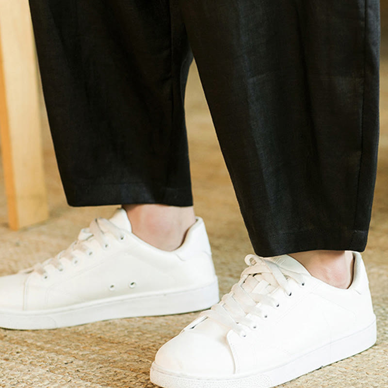 Buddha Stones Casual Retro Solid Color Simple Design Drawstring Men's Linen Elastic Waistband Harem Pants With Pockets - image 20