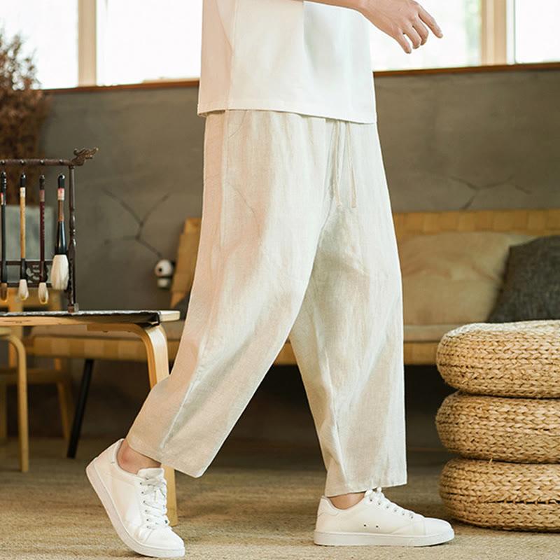 Buddha Stones Casual Retro Solid Color Simple Design Drawstring Men's Linen Elastic Waistband Harem Pants With Pockets