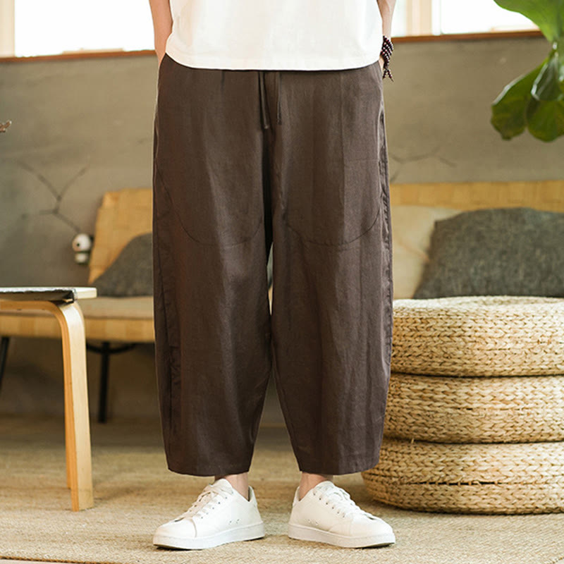 Buddha Stones Casual Retro Solid Color Simple Design Drawstring Men's Linen Elastic Waistband Harem Pants With Pockets