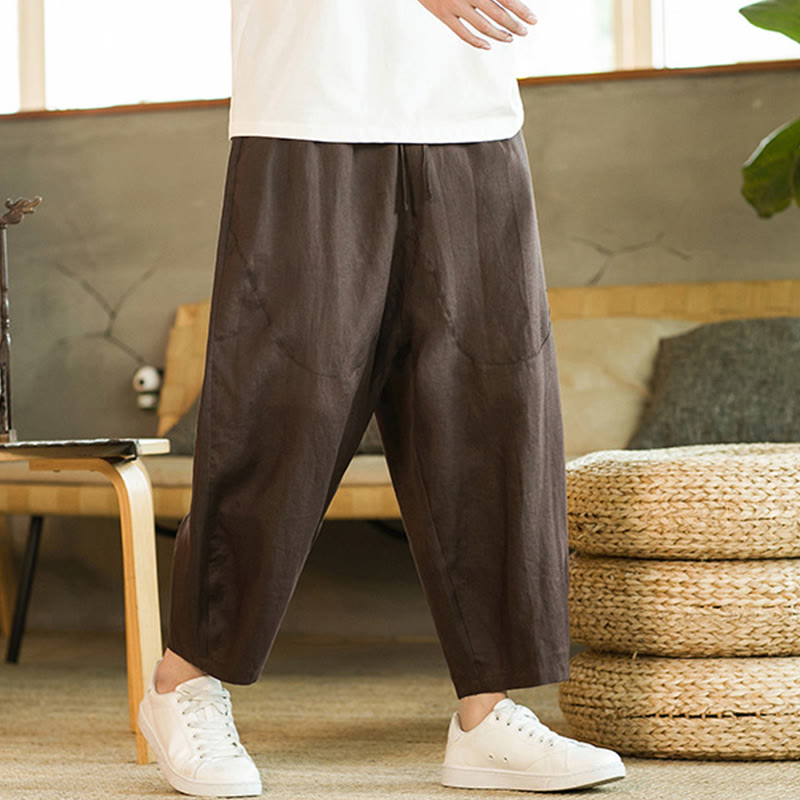 Buddha Stones Casual Retro Solid Color Simple Design Drawstring Men's Linen Elastic Waistband Harem Pants With Pockets