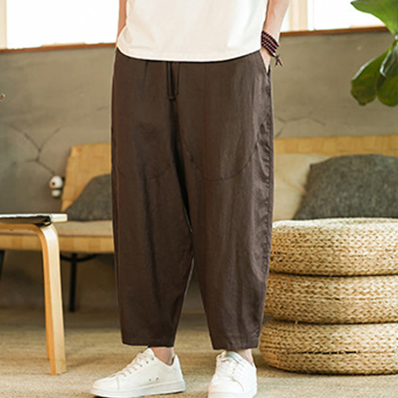 Buddha Stones Casual Retro Solid Color Simple Design Drawstring Men's Linen Elastic Waistband Harem Pants With Pockets
