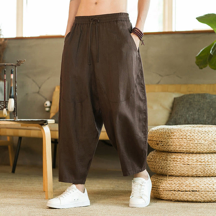 Buddha Stones Casual Retro Solid Color Simple Design Drawstring Men's Linen Elastic Waistband Harem Pants With Pockets