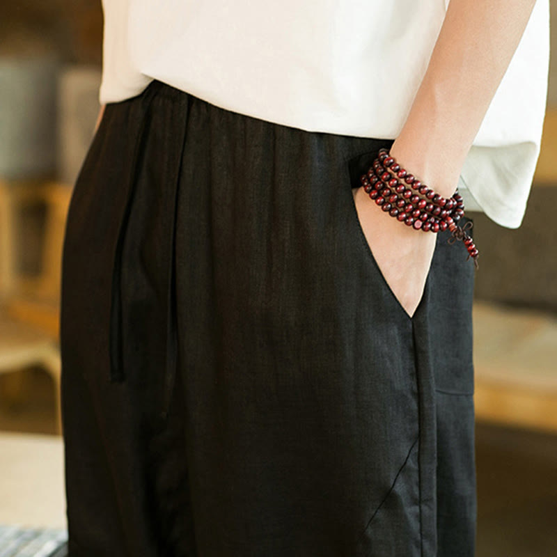 Buddha Stones Casual Retro Solid Color Simple Design Drawstring Men's Linen Elastic Waistband Harem Pants With Pockets