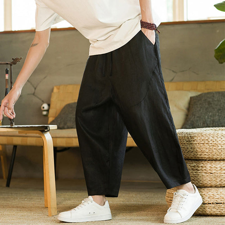 Buddha Stones Casual Retro Solid Color Simple Design Drawstring Men's Linen Elastic Waistband Harem Pants With Pockets